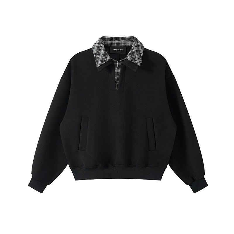 Casual Plaid Turn-Down Collar Mock Two-Piece Hoodie Men's Loose Half-Open Neck Pullover Top