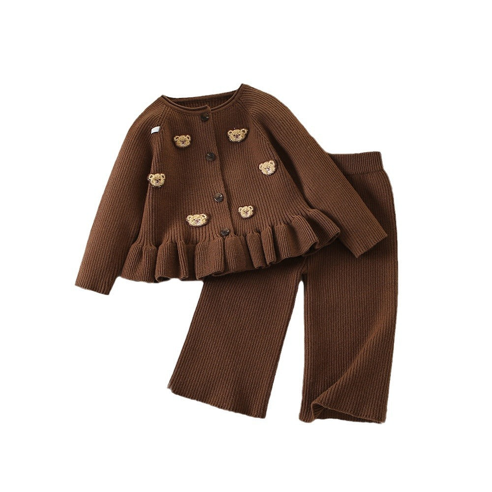 Sweet Bear Print Long Sleeve Sweater Cardigan and Casual Pants Set for Girls