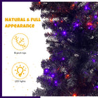 6FT artificial fir curved top Halloween tree, with 1080 lush branch tips and 300 LED lights in a Christmas and Halloween style