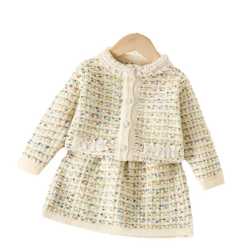 Tweed Knit Two-Piece Skirt Set Girls Princess Dress