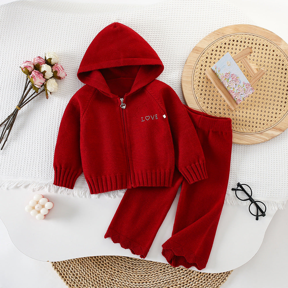 Girls' Hooded Zip-Up Knit Cardigan Sweater Set