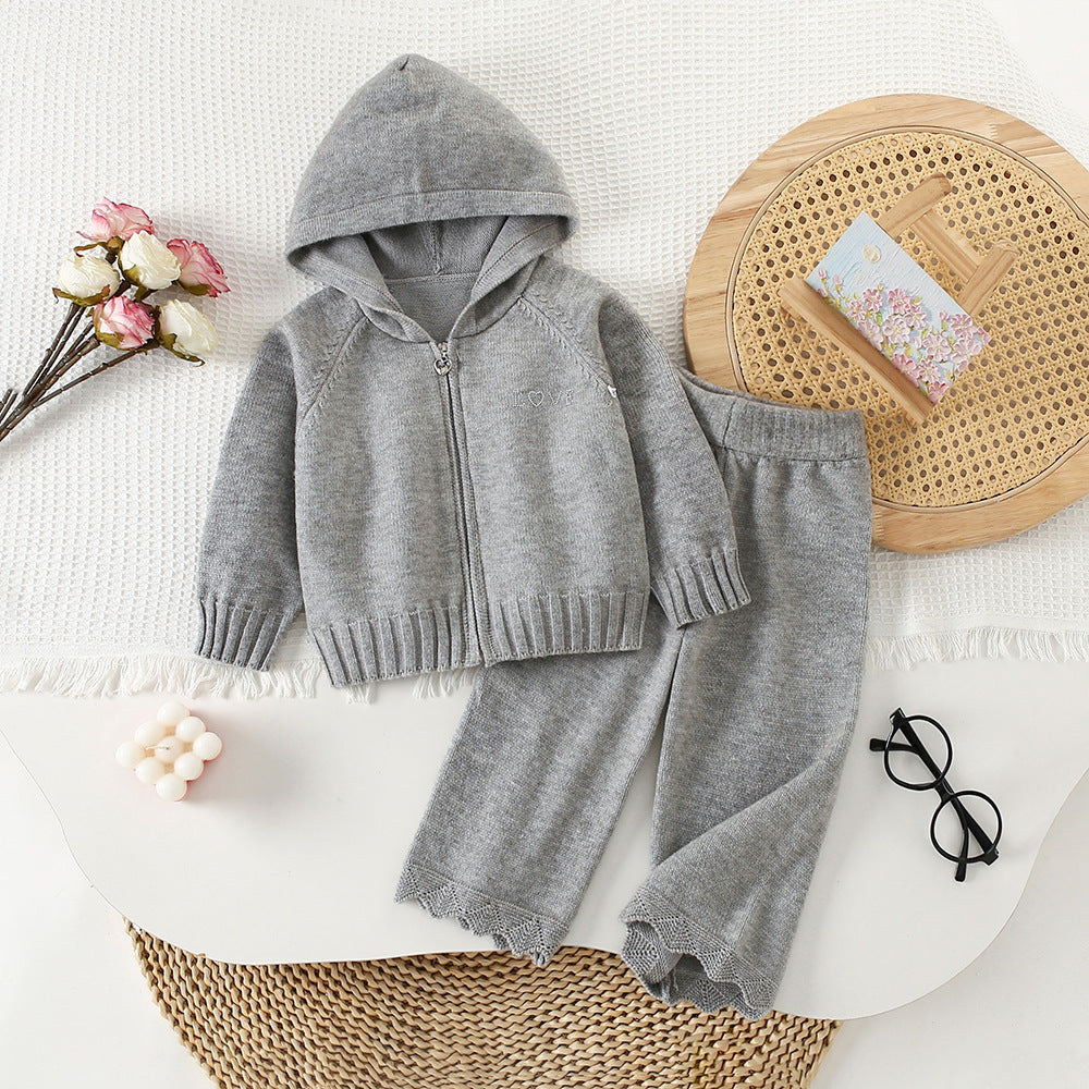 Girls' Hooded Zip-Up Knit Cardigan Sweater Set