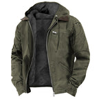 Casual Solid Color Hooded Cotton Jacket with Fleece Lining and Zipper Pockets for Men
