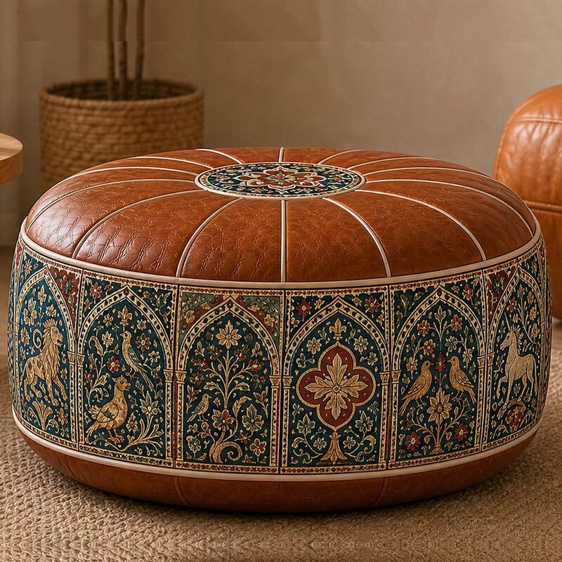 Bohemian Ottoman Pouf Stuffable with PU Leather Cover Waterproof Large Opening Storage Footrest for Living Room Bedroom