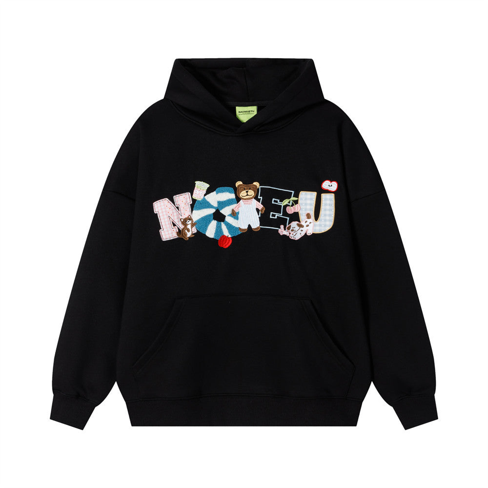 Cartoon teddy bear embroidered fleece hooded sweatshirt