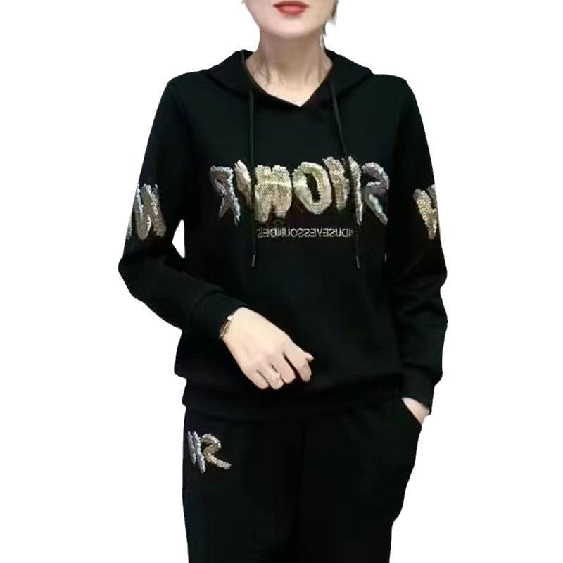 Stylish Rhinestone Embellished Loose Hooded Tracksuit Set for Women, Plus Size, Autumn and Spring, Slimming Design, Two-Piece Outfit