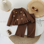 Sweet Bear Print Long Sleeve Sweater Cardigan and Casual Pants Set for Girls