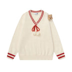 V-Neck Teddy Bear Print Sweater - Casual Cotton Pullover