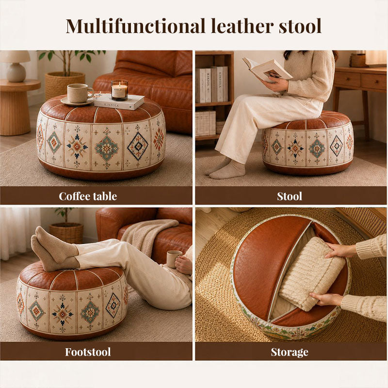 Bohemian Ottoman Pouf Stuffable with PU Leather Cover Waterproof Large Opening Storage Footrest for Living Room Bedroom