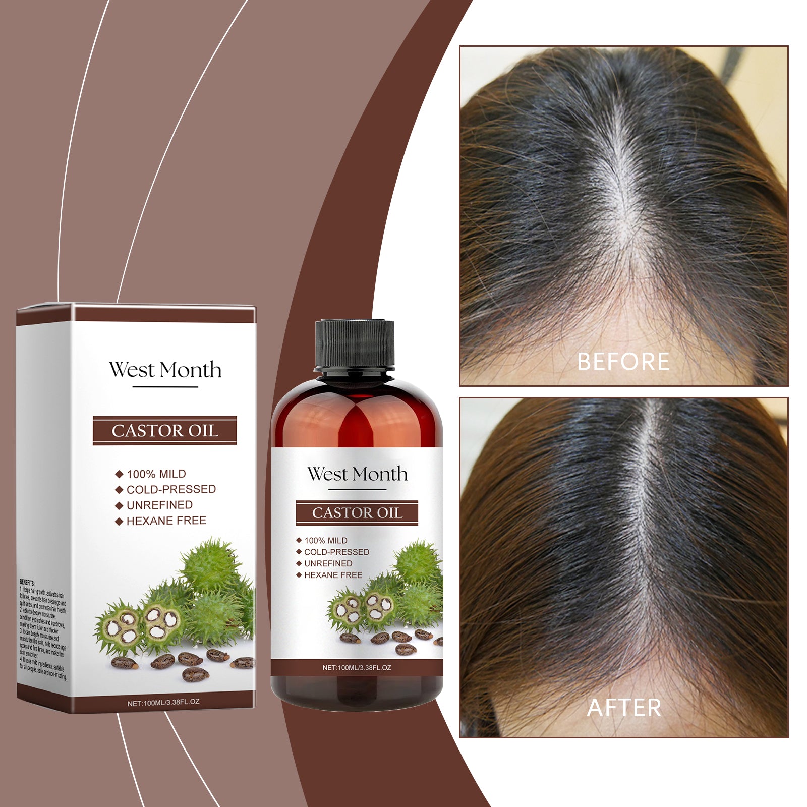 West&Month Multi-Effect All-In-One Castor Oil, Multi-Effect Care Moisturizing Skin, Eyelash And Eyebrow Maintenance Essential Oil