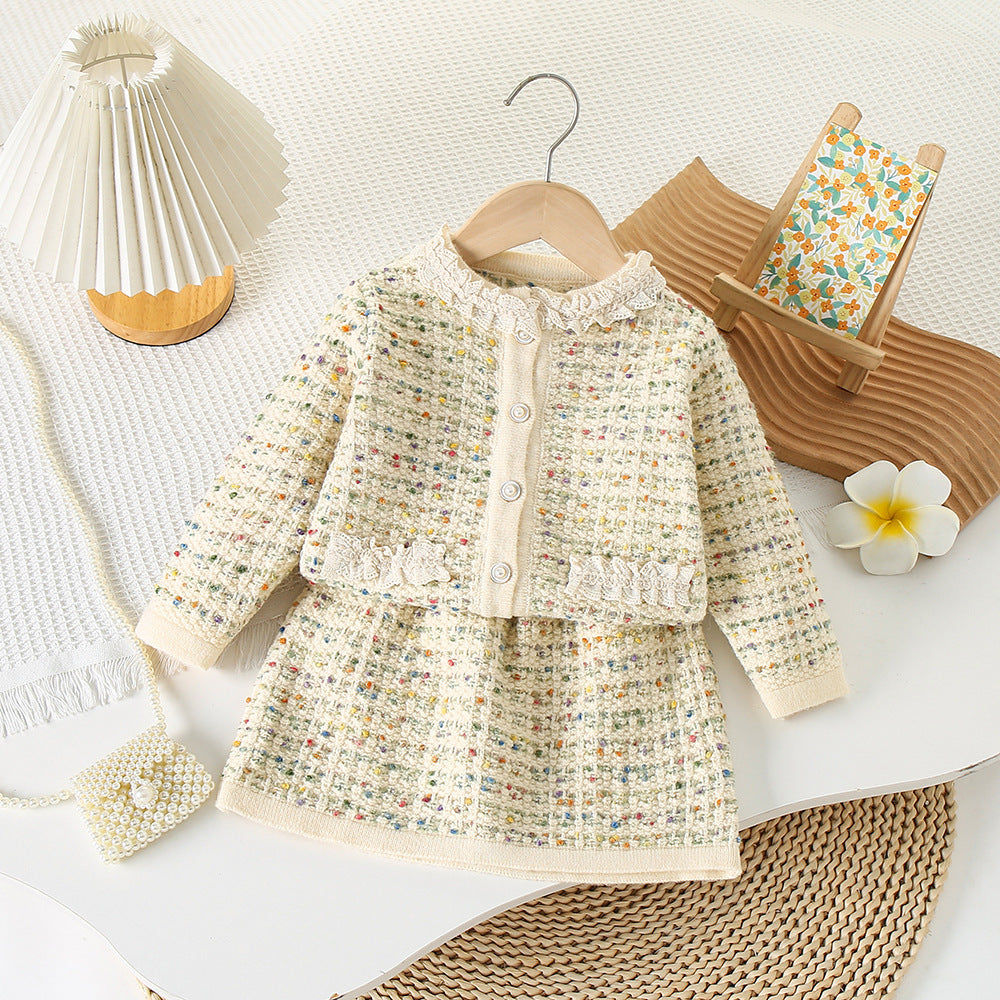 Girls' Tweed Knit Two-Piece Skirt Set - Princess Dress Style