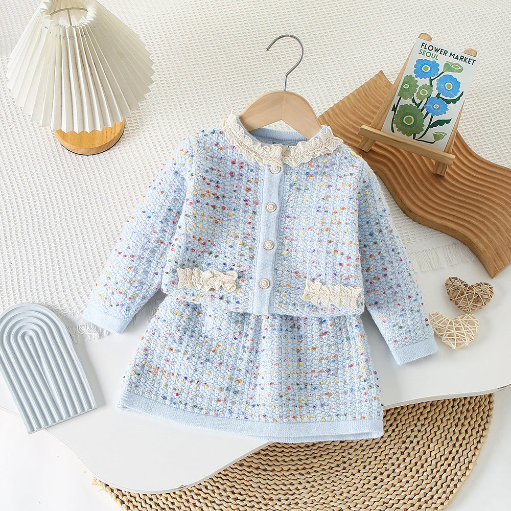 Tweed Knit Two-Piece Skirt Set Girls Princess Dress