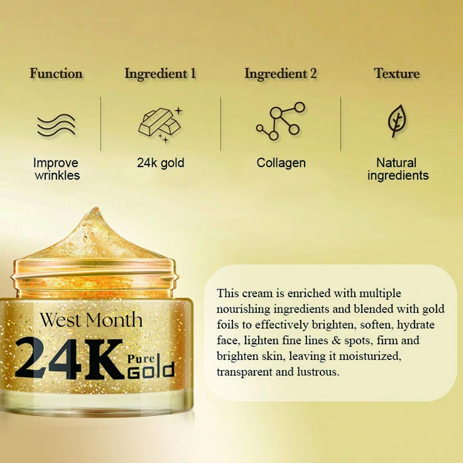 West Month 24k Pure Gold Collagen Face Cream, Lighten Lines Brighten Skin, Firm And Anti-wrinkle Cream