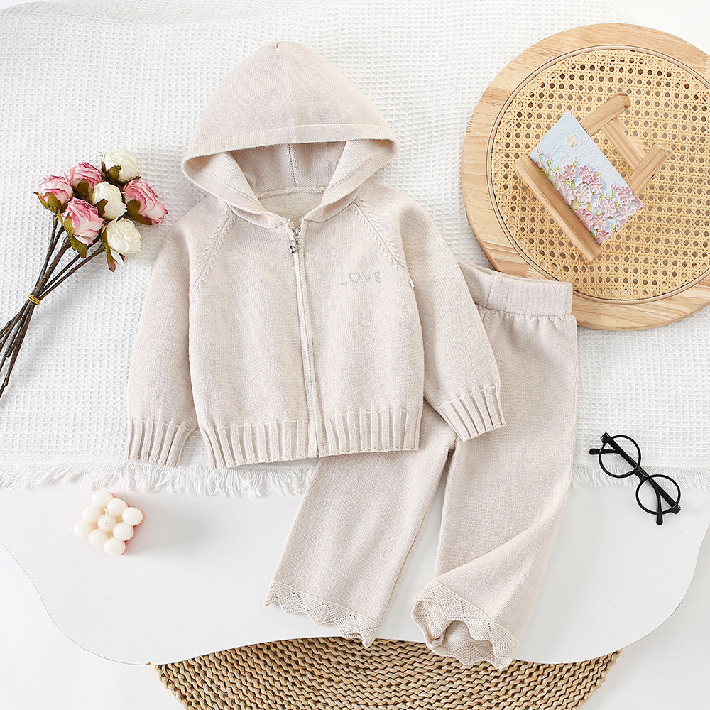 Girls' Hooded Zip-Up Knit Cardigan Sweater Set