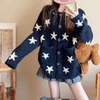 Women's Star Jacquard Knit Cardigan with Pocket - Loose Fit Sweater