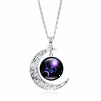Zodiac Time Gem Luminous Necklace for Women, Simple Silver Moon Pendant Choker