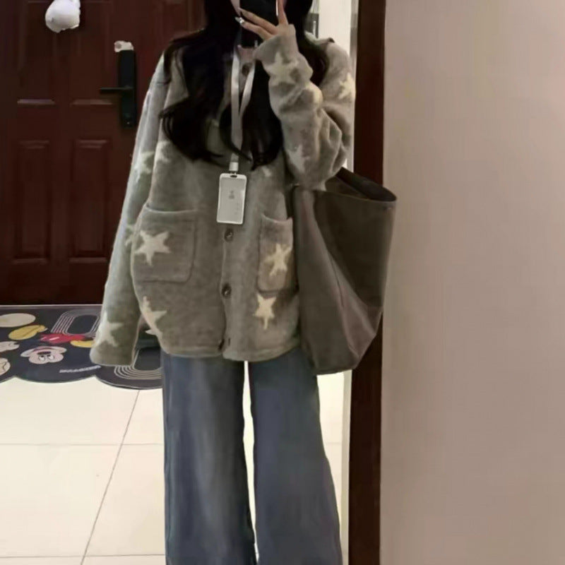 Knit Cardigan with Pocket for Women, Soft and Loose Sweater with Star Jacquard Pattern