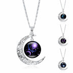 Zodiac Time Gem Luminous Necklace for Women, Simple Silver Moon Pendant Choker
