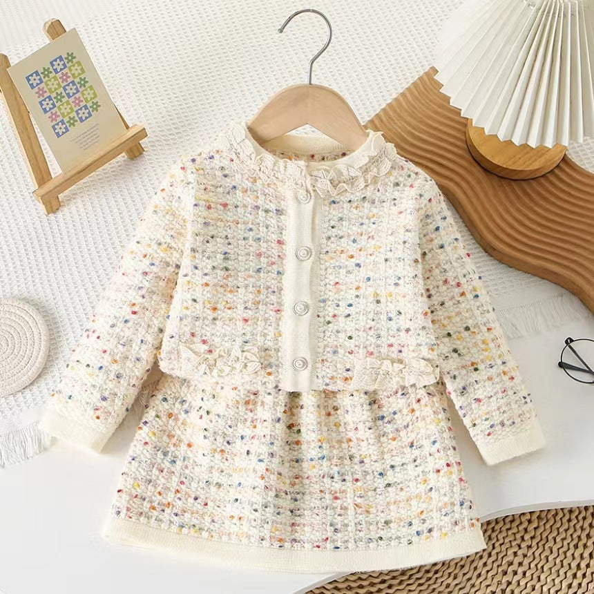 Tweed Knit Two-Piece Skirt Set Girls Princess Dress