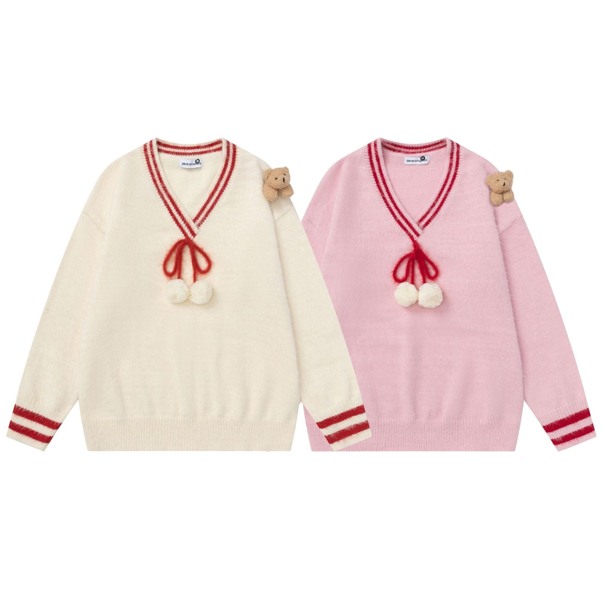 V-neck teddy bear pendant sweater
