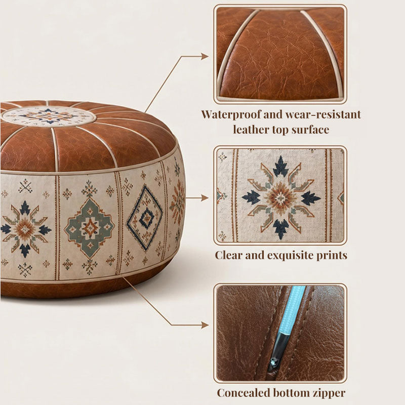 Bohemian Ottoman Pouf Stuffable with PU Leather Cover Waterproof Large Opening Storage Footrest for Living Room Bedroom