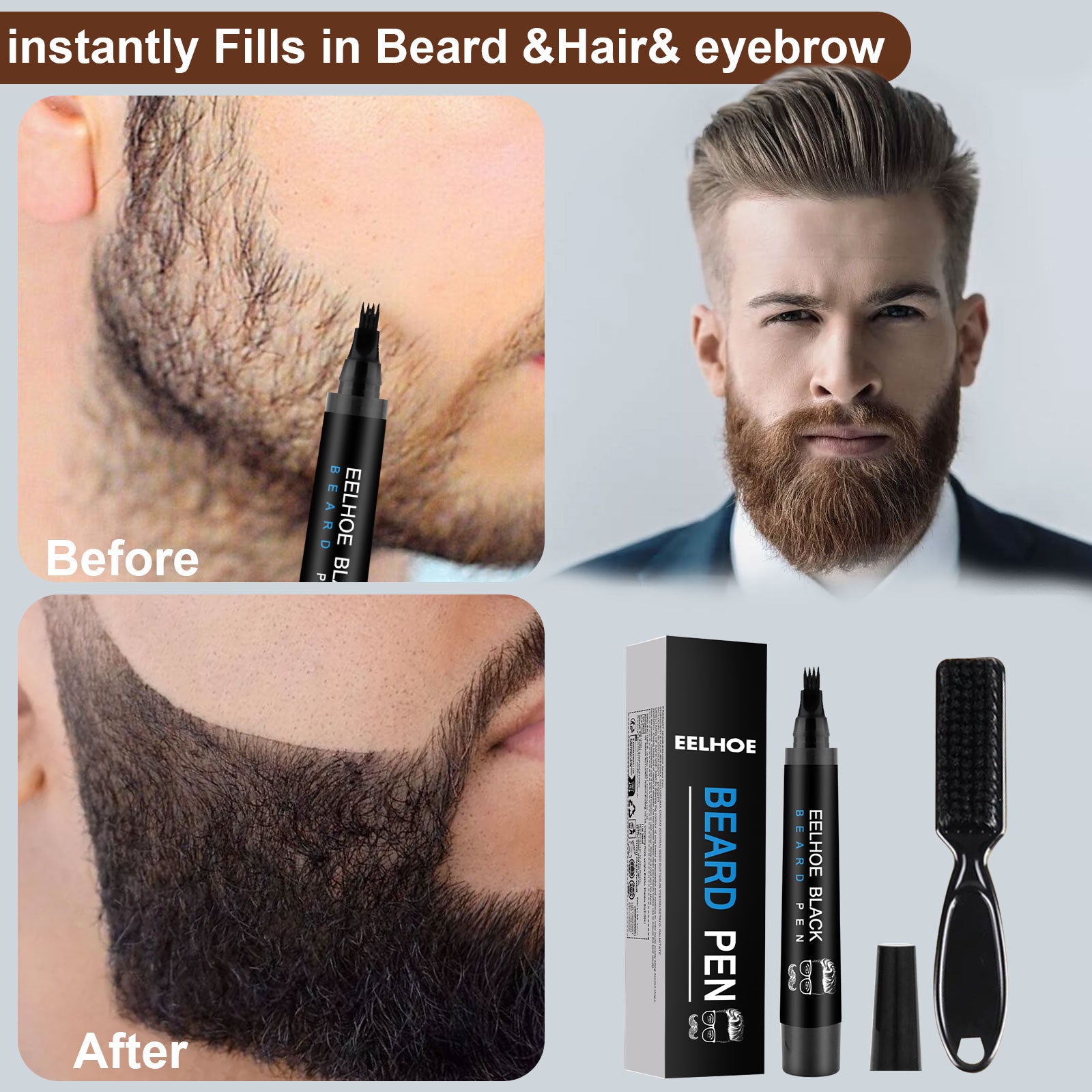 EELHOE Foreign Trade Cross-Border Beard Filler Pen Kit, Waterproof, Sweat Resistant, Makeup Free Beard Pen Beard Pen