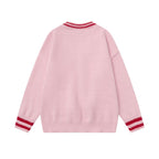 V-Neck Teddy Bear Print Sweater - Casual Cotton Pullover