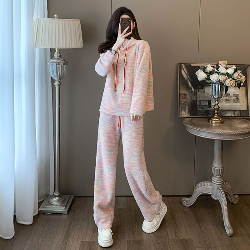 Casual Loose Hoodie and High-Waisted Wide-Leg Pants Two-Piece Set for Women, Rainbow Color, Lazy Style, Autumn and Spring Wear