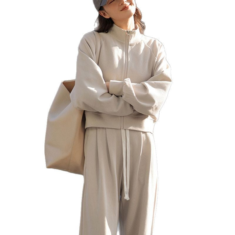 Casual Sportswear Two-Piece Set Loose Lightweight Stand-Up Collar Zip-Up Hoodie Jacket Fashion Stylish Long Pants Outfit Women