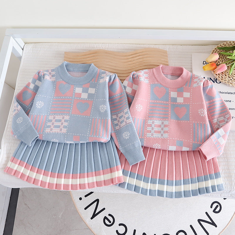 Girls Geometric Print Knit Sweater Dress Two-Piece Set