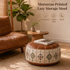 Bohemian Ottoman Pouf with Storage, PU Leather Cover, Stuffable