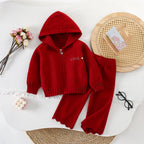 Chic Hooded Zipper Knit Cardigan Sweater Set for Girls