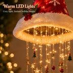 Lighted Santa Hat Hanging Chandelier – 3 Styles Warm LED Christmas String Lights with Festive Ornaments, Holiday Lighting Decor