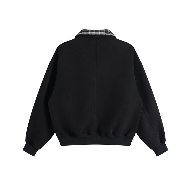 Casual Plaid Turn-Down Collar Mock Two-Piece Hoodie Men's Loose Half-Open Neck Pullover Top