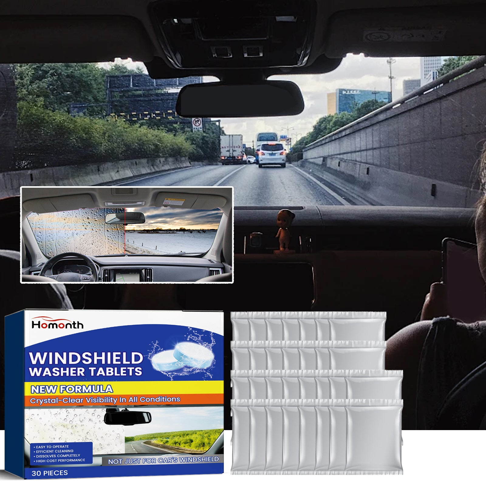 Windshield Washer Tablets, Vehicle Glass Renovation Decontamination Decontamination Maintenance Multi-Functional Cleaning Agent