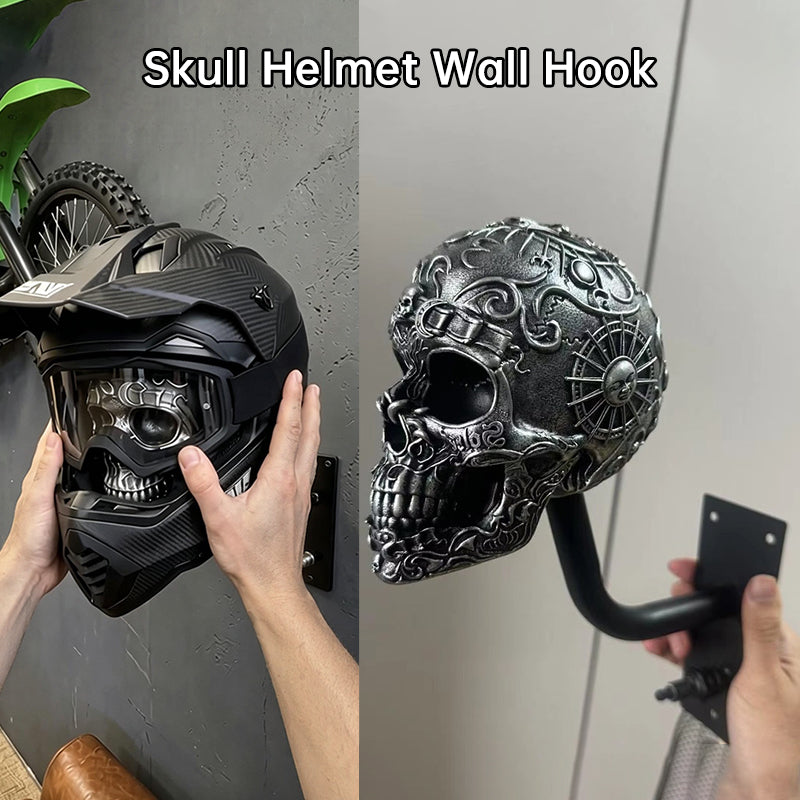Antique Skeleton Helmet Wall Mount – Resin Motorcycle Helmet Holder, Gothic Bike Decor, Novelty Gear Storage Display Rack
