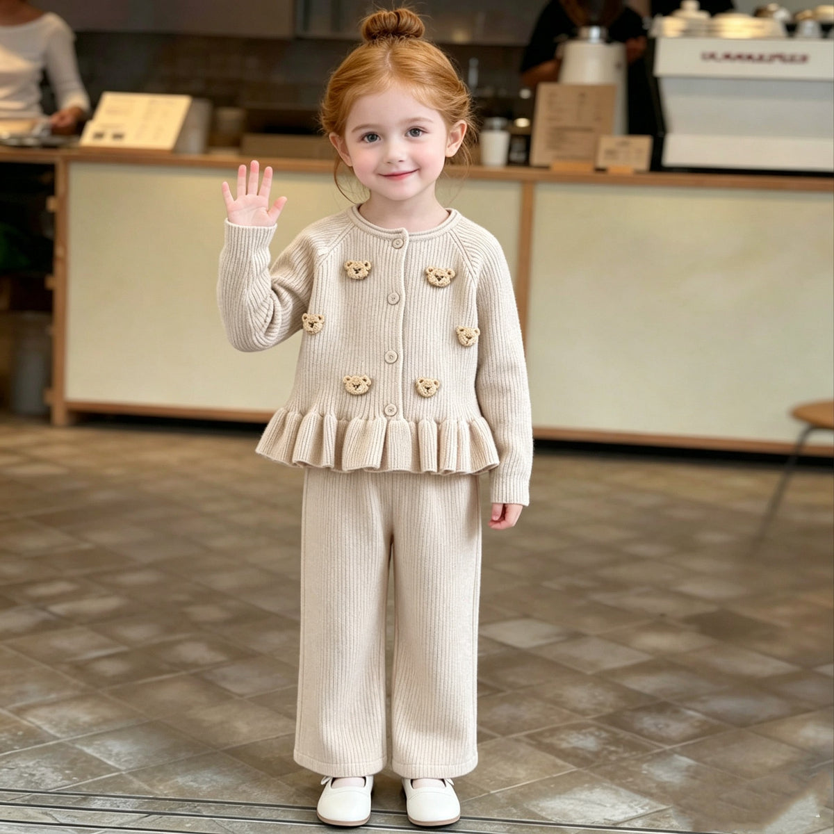 Girls' Bear Print Sweater Cardigan and Pants Two-Piece Set