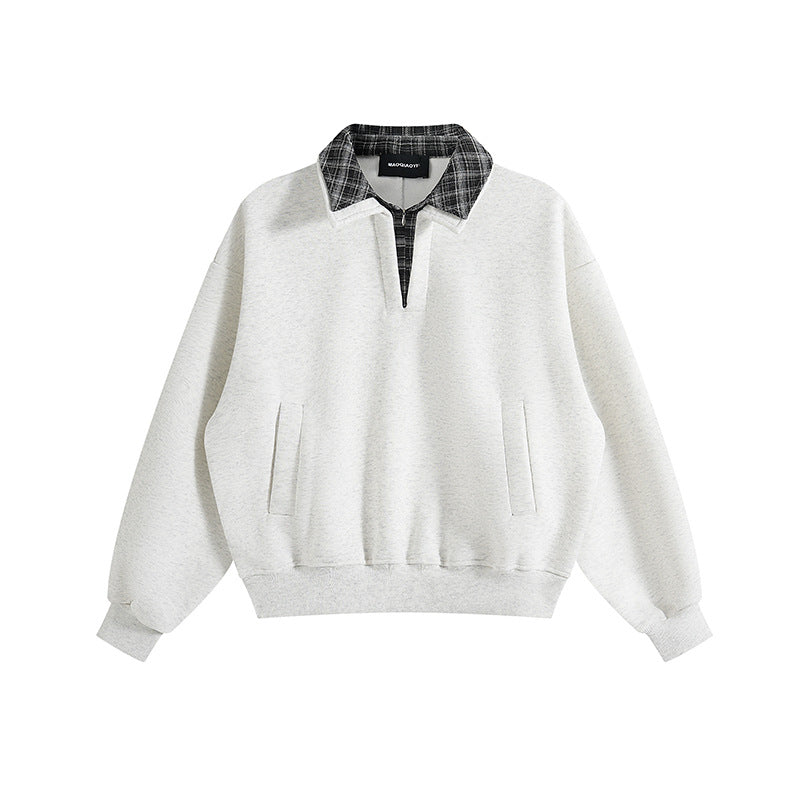 Casual Plaid Turn-Down Collar Mock Two-Piece Hoodie Men's Loose Half-Open Neck Pullover Top