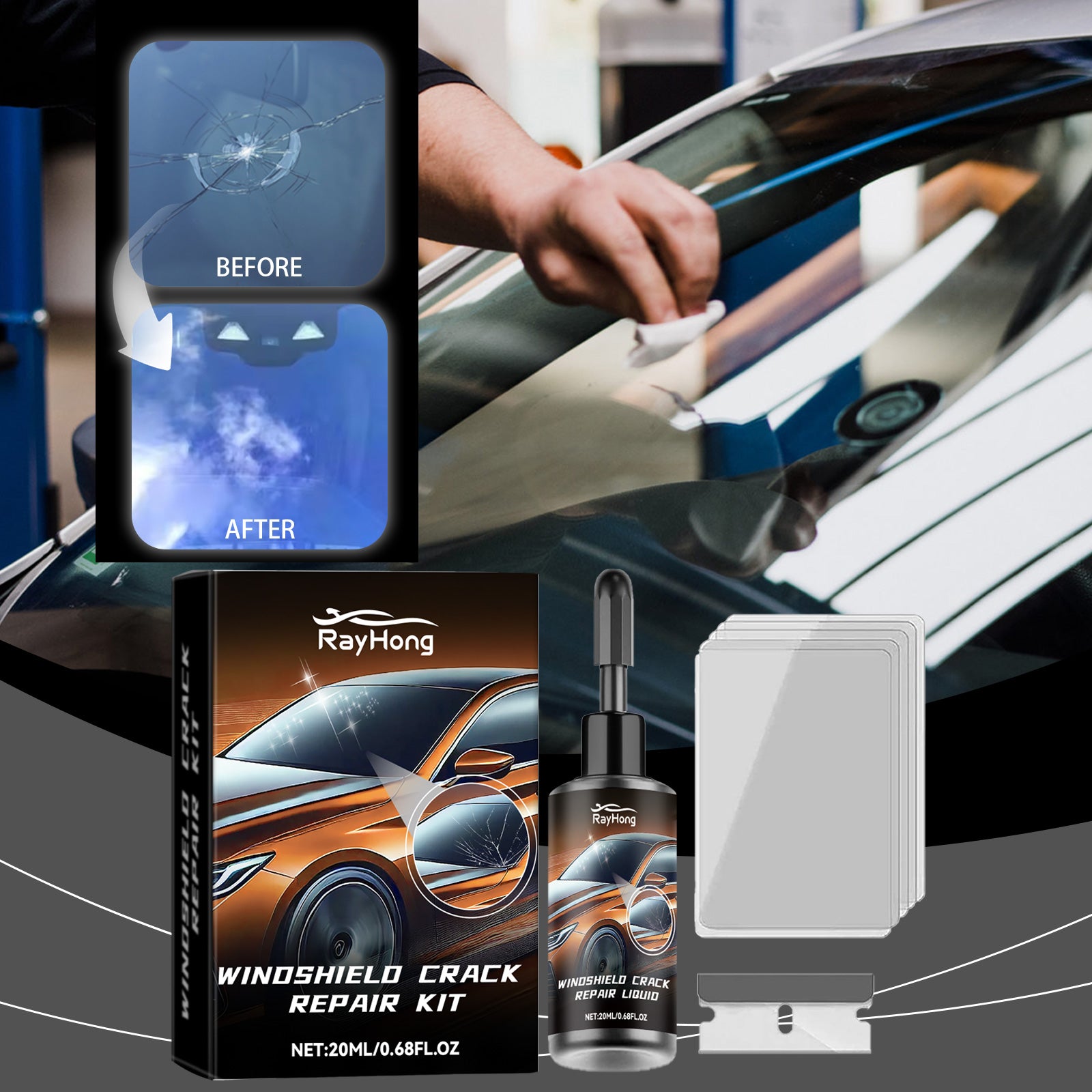 Rayhong Windshield Repair Kit, Quick Repair Of Cracks Clear Vision Refurbishment Repair Fluid Kit