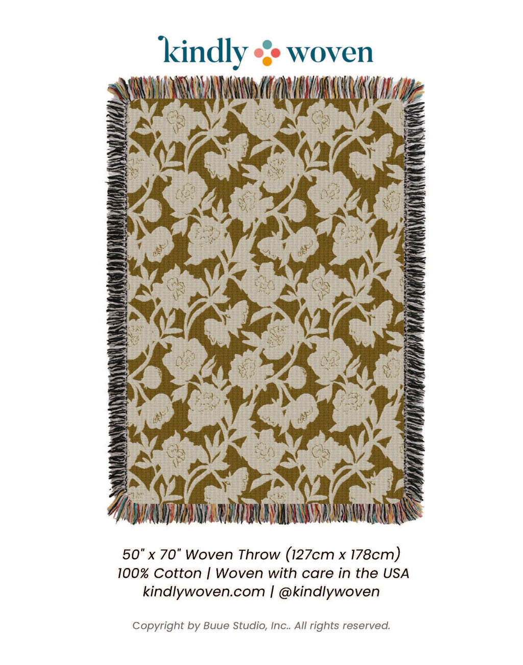 Ochre Floral Woven Throw Blanket with Fringe, 100% Cotton
