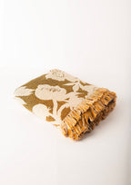Ochre Floral Woven Throw Blanket with Fringe, 100% Cotton