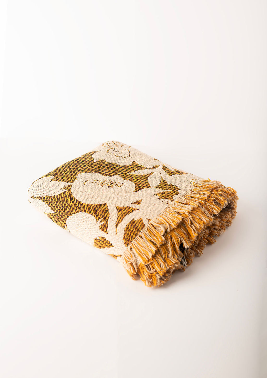 Ochre Floral Woven Throw Blanket with Fringe, 100% Cotton