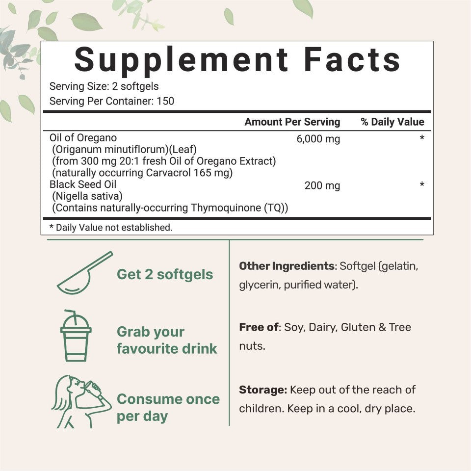 Oregano Oil Soft Capsules, Dietary Supplement, 180 or 300 Count
