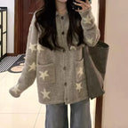 Women's Star Jacquard Knit Cardigan with Pocket - Loose Fit Sweater