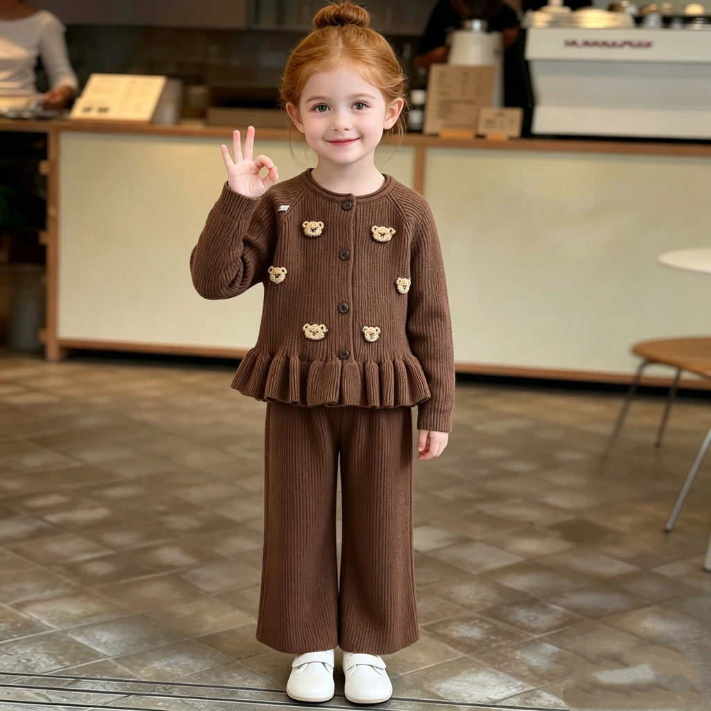 Sweet Bear Print Long Sleeve Sweater Cardigan and Casual Pants Set for Girls