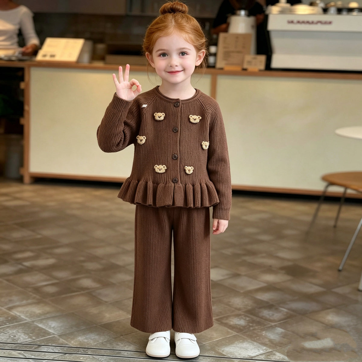 Sweet Bear Print Long Sleeve Sweater Cardigan and Casual Pants Set for Girls