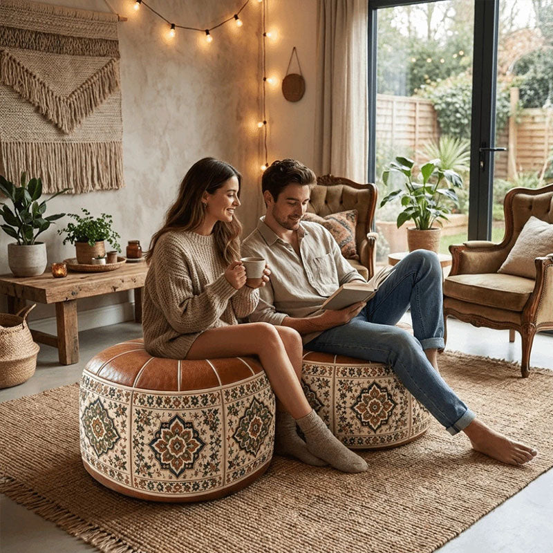 Bohemian Ottoman Pouf Stuffable with PU Leather Cover Waterproof Large Opening Storage Footrest for Living Room Bedroom