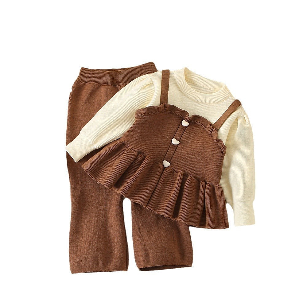 Girls' Fashionable Knit Faux Two-Piece Straight Skirt Set