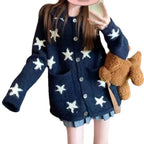 Women's Star Jacquard Knit Cardigan with Pocket - Loose Fit Sweater