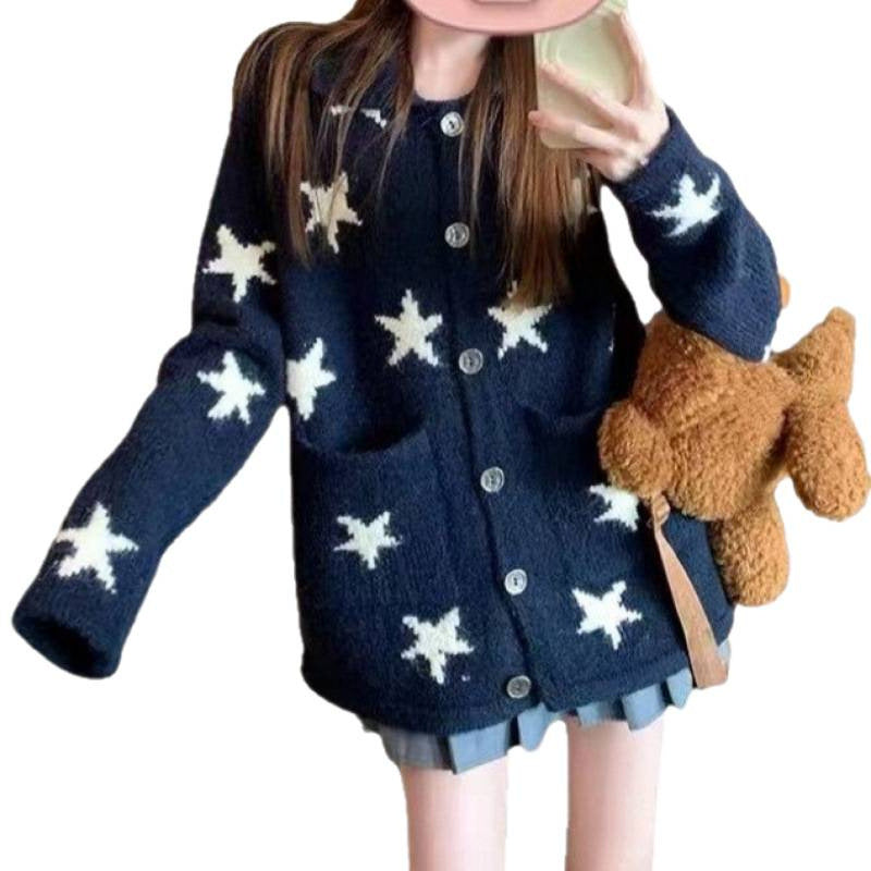 Knit Cardigan with Pocket for Women, Soft and Loose Sweater with Star Jacquard Pattern